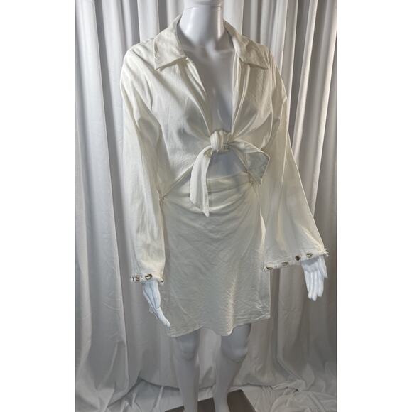 Zara Knotted Linen Blend Shell Sleeves Mini Dress, Cream, Sz: XL, 81-39 - Picture 3 of 16
